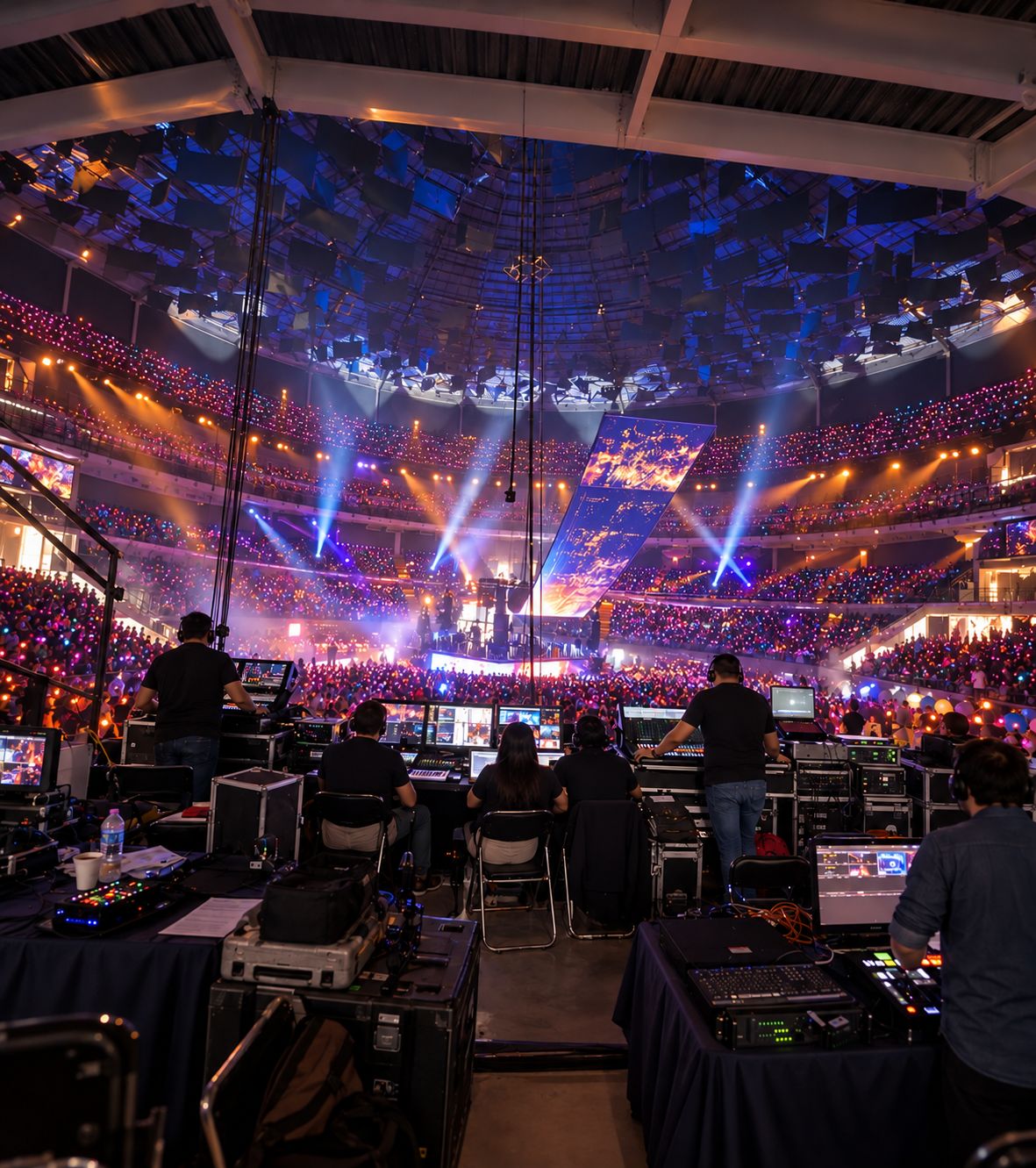 Equipo de SimpliMedia operando la producción de un evento con el público iluminado