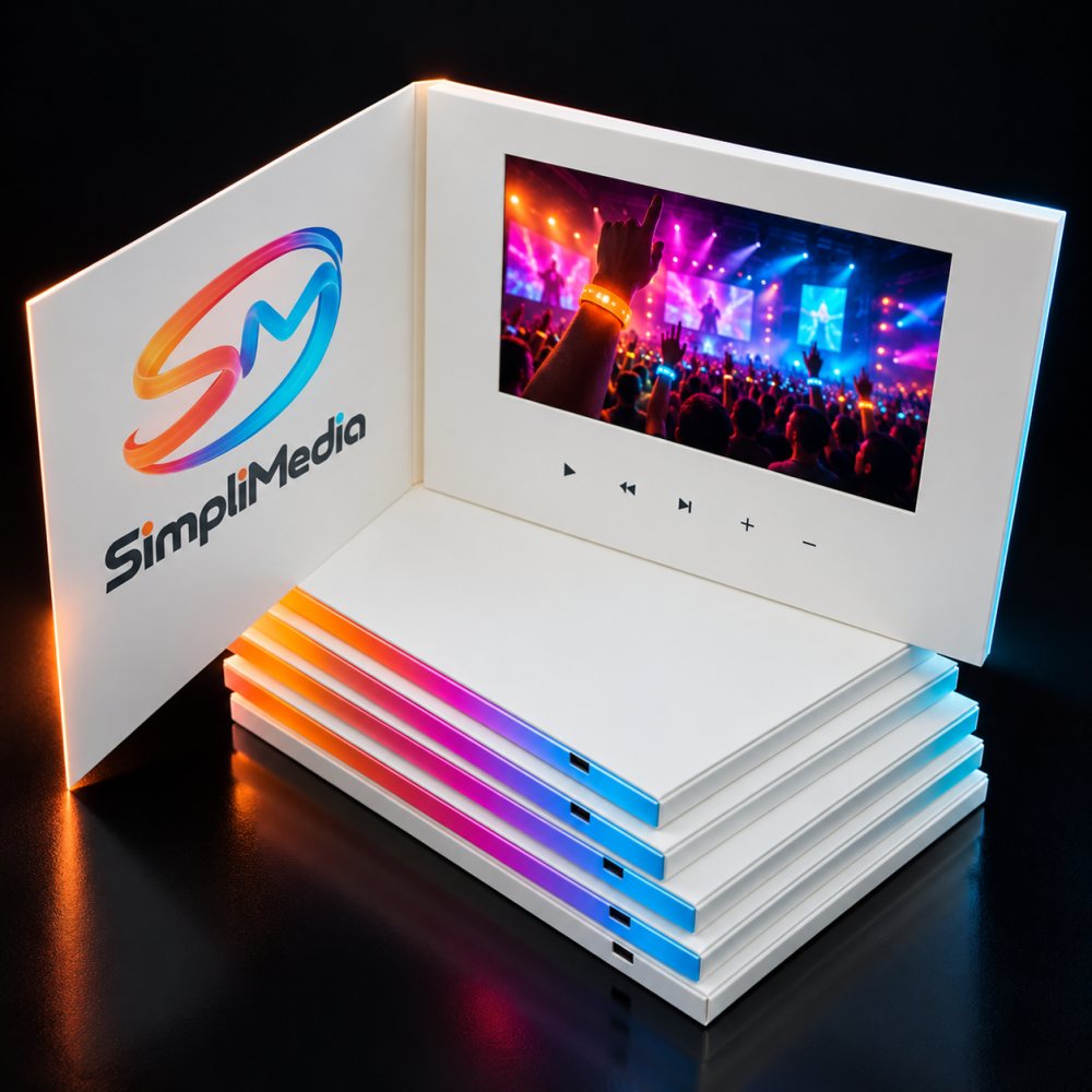 Video brochure A5 personalizado con stickers de marca